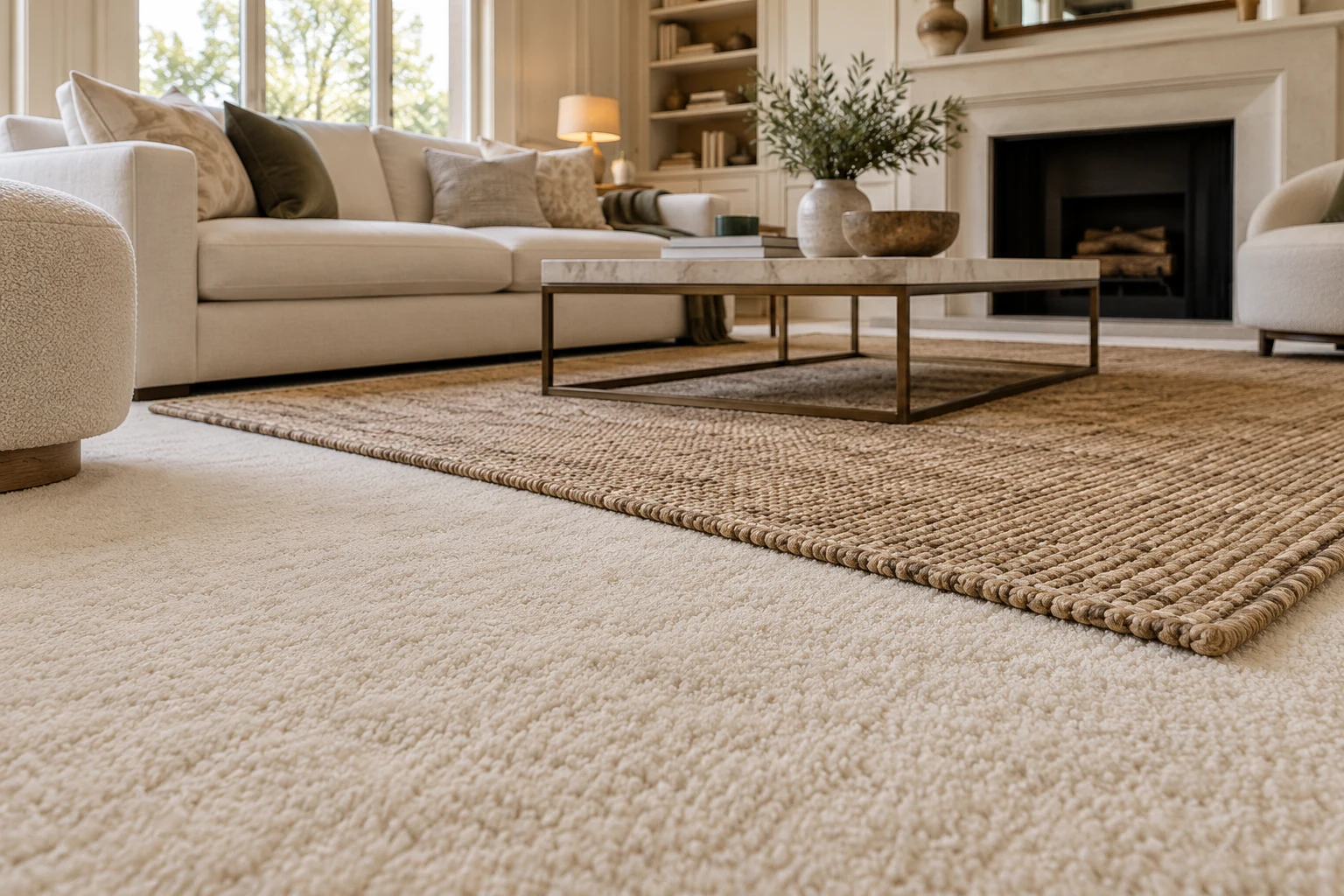 Fitted carpet and woven area rug in a residential living room