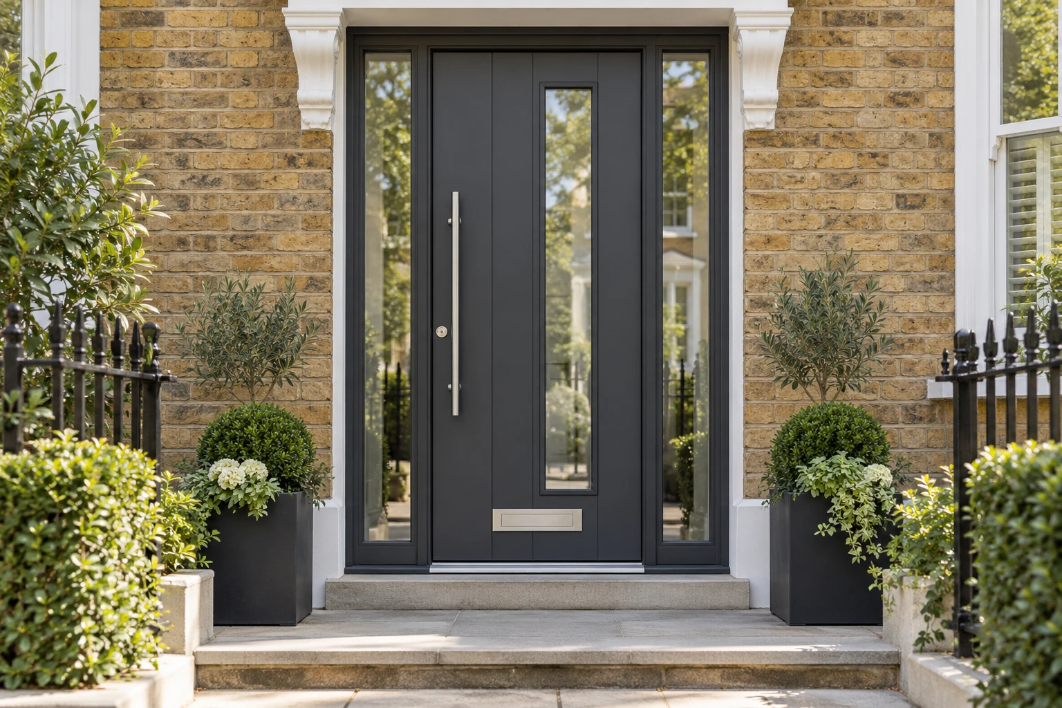 Anthracite composite front door with glazed side panels in a London brick entrance