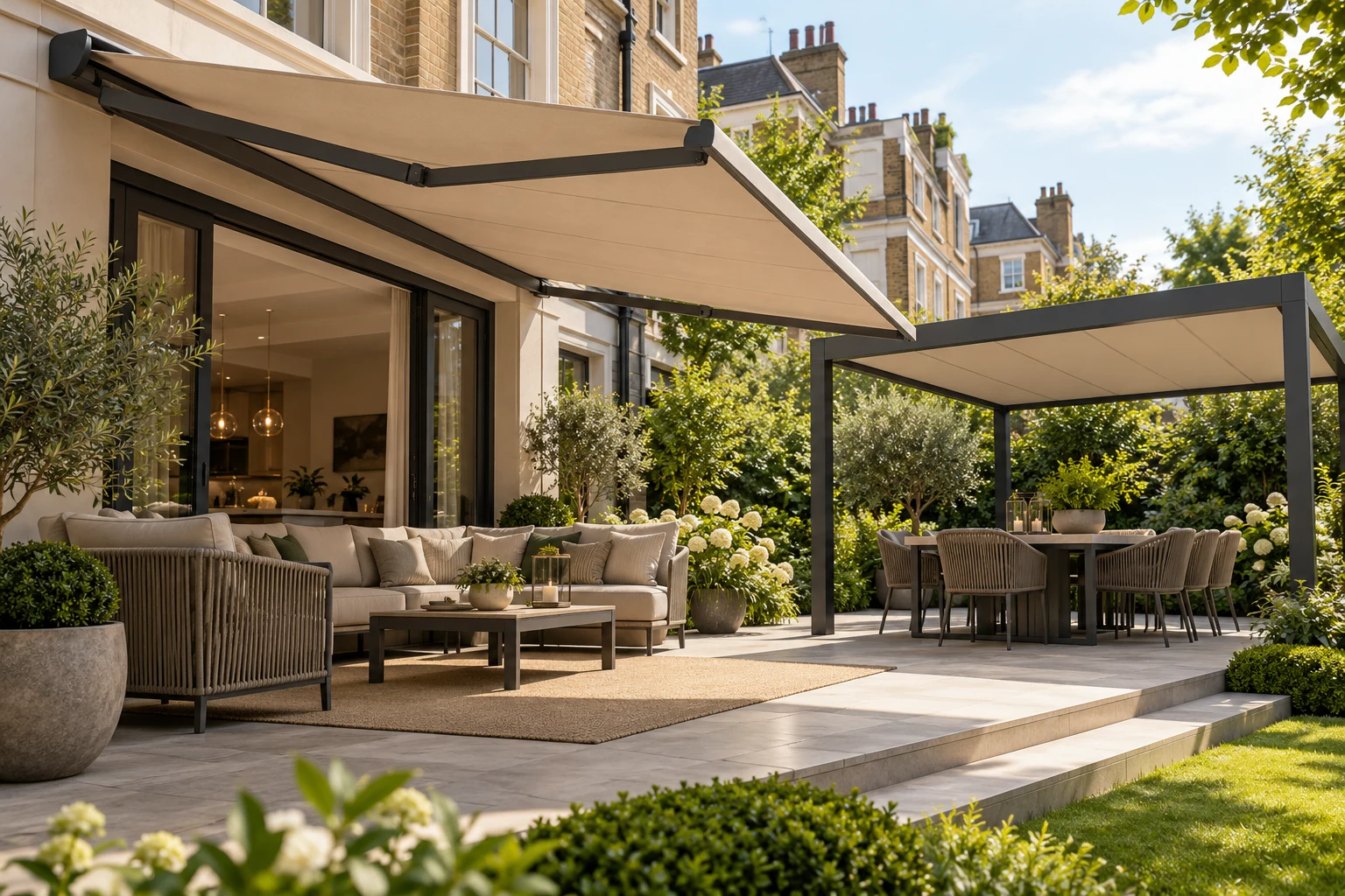 Retractable electric awning and freestanding garden canopy