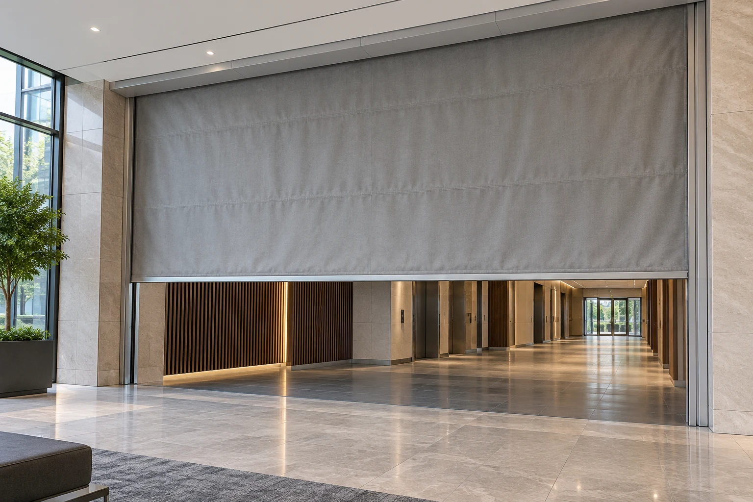 Partially lowered fabric fire curtain across a commercial opening