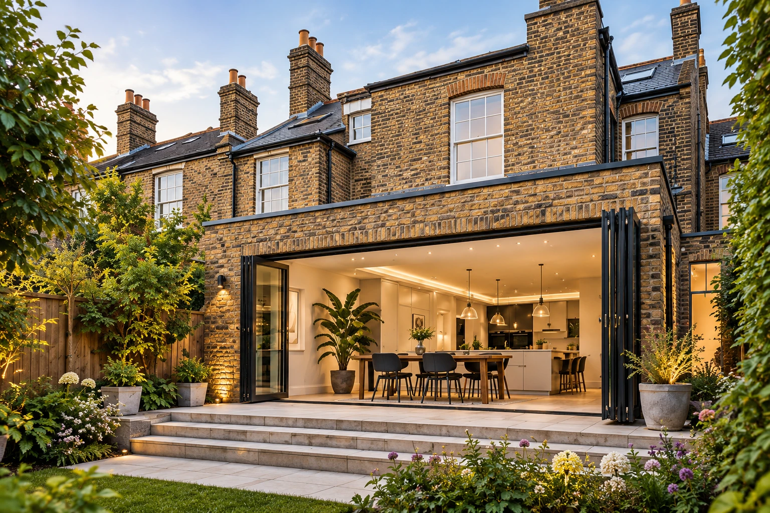 London brick house with a glazed rear extension opening onto a garden